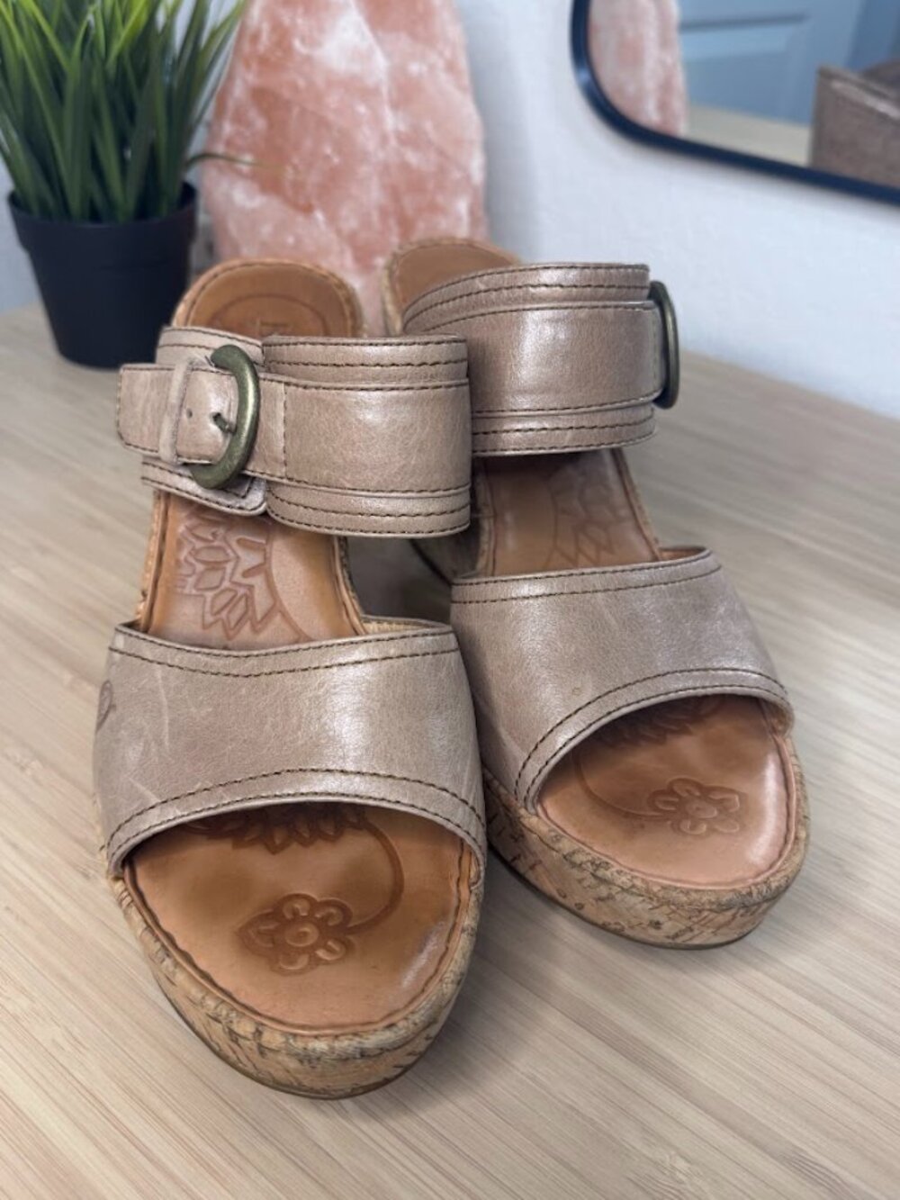 Børn Zee Taupe Leather Cork Wedge Slide Sandals - Women’s 10 / EU 42